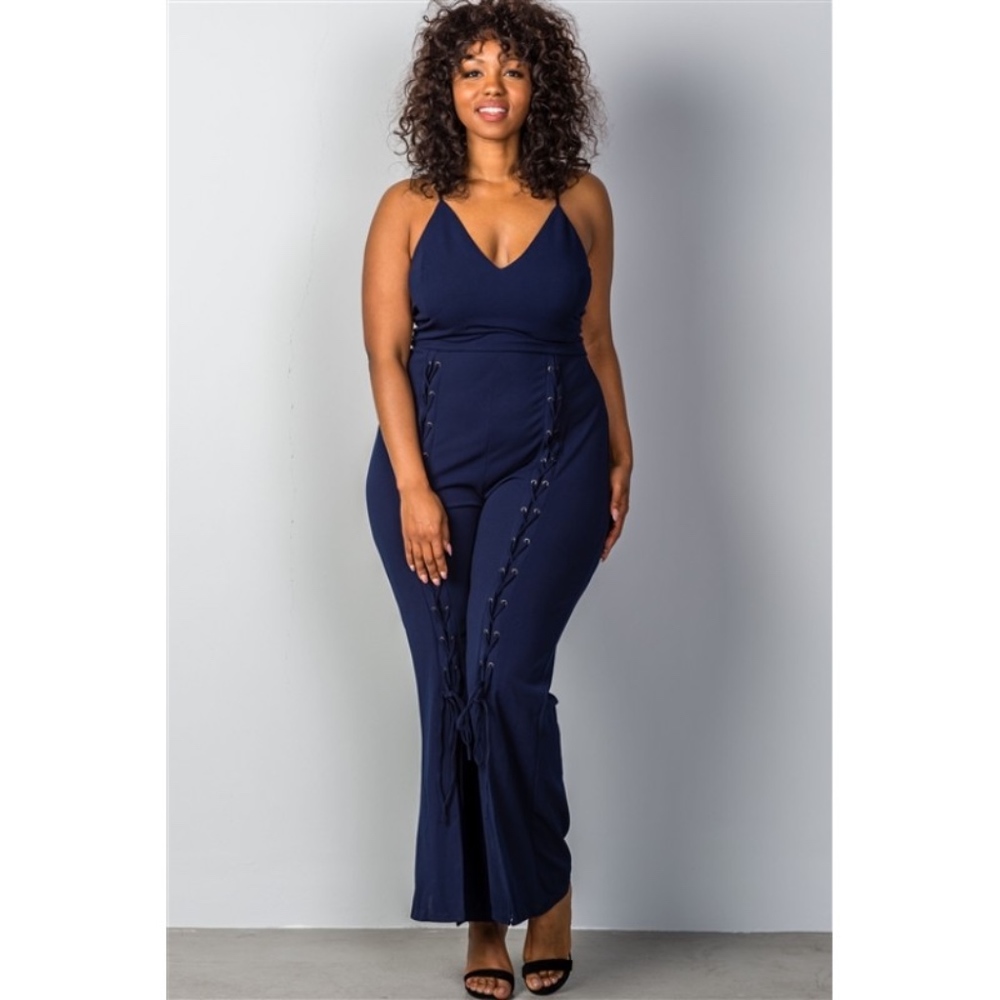 Wide Split Leg Lace-Up Plus Size Jumpsuit (Navy)